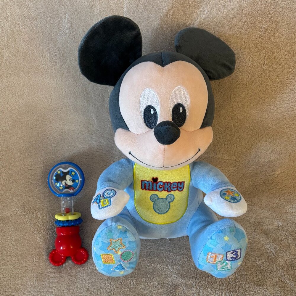 DISNEY BABY MUSICAL PLUSH MICKEY MOUSE and BARBELL RATTLE TOY for Age 6+ Months